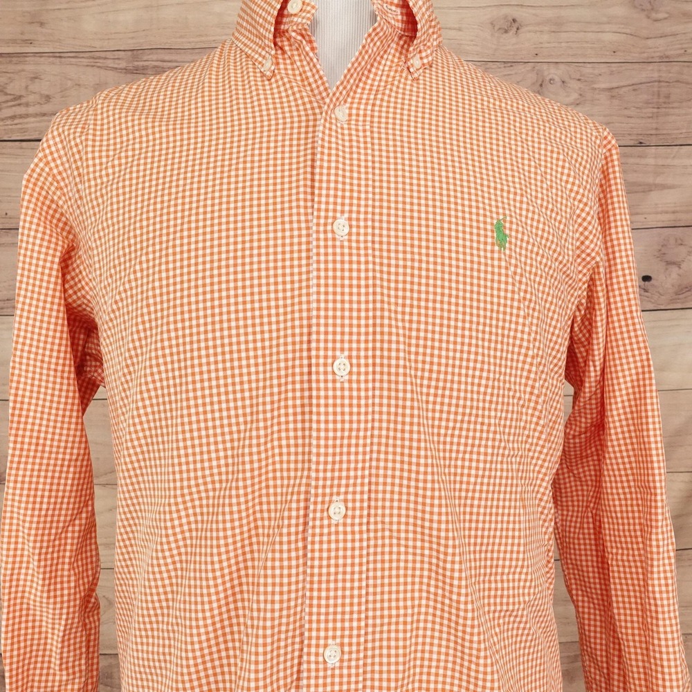 Ralph Lauren Shirt Mens L Orange Check Long Sleeve Button-Up Classic Fit Casual
